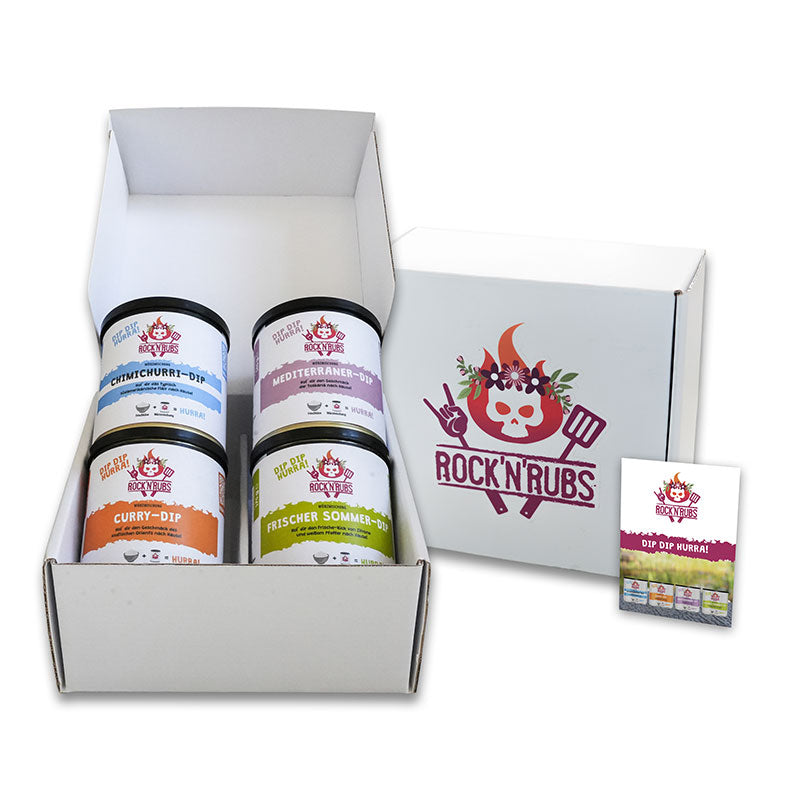Dip Dip Hurra Set mit Frischem Sommer Dip, Curry Dip, Chimchrui Dip, Mediterraner Dip